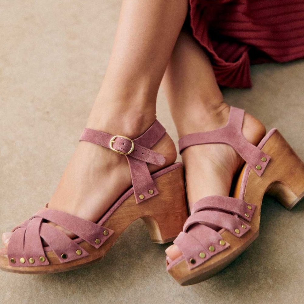 Sézane Isabelle Clogs Rosewood Suede Wood Platform Sandals FR 42 | US 11